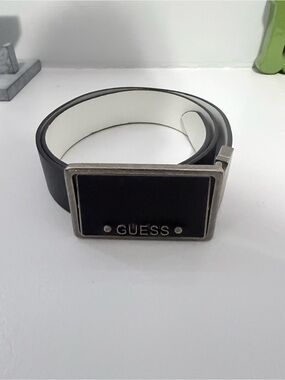 Guess Black Belt with Silver Rectangular Logo Buckle